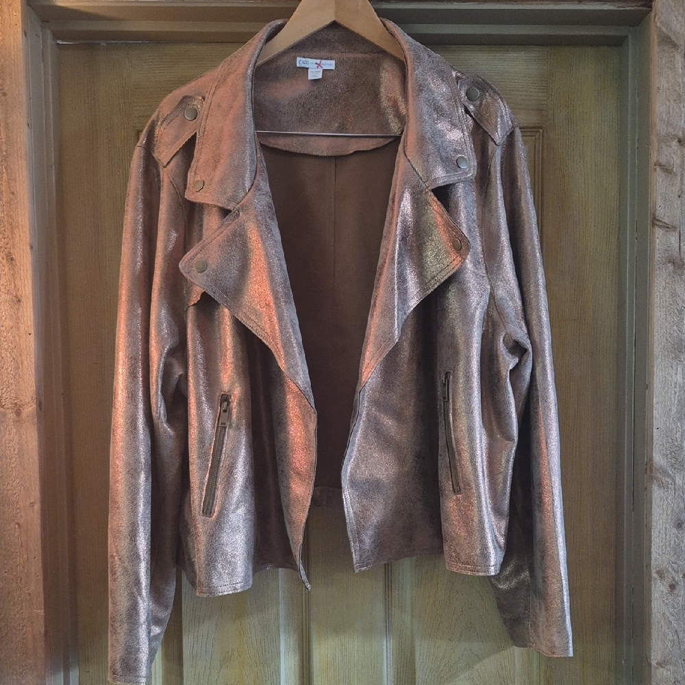 Cato Bronze Shimmery Jacket 26W Plus Stylish Faux Leather Pockets Soft Biker